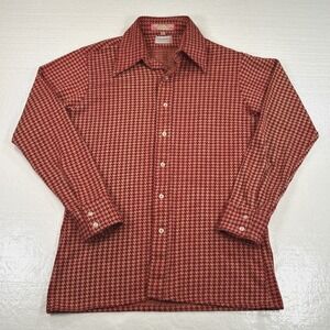 Vintage Disco Shirt Men's Medium Red Houndstooth 60s 70s Mod Polyester Higbees